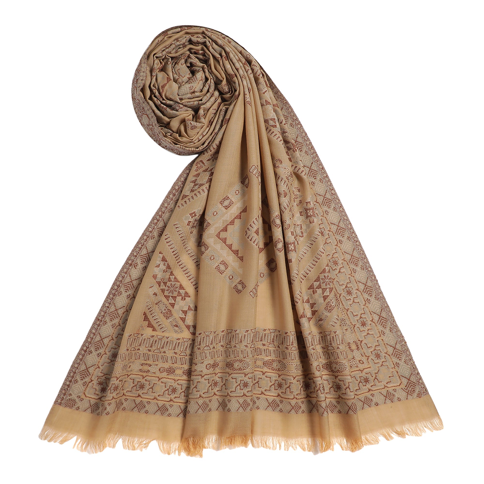Beige Abstract Wool Woven Design Shawl