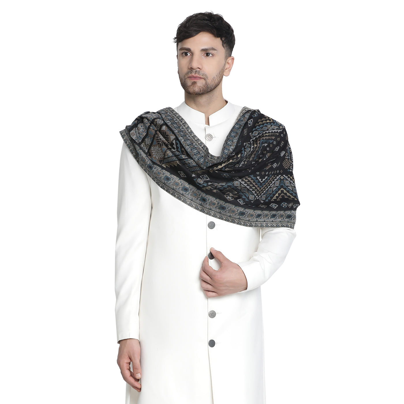 Jay Black Wool Metallic Jacquard Muffler