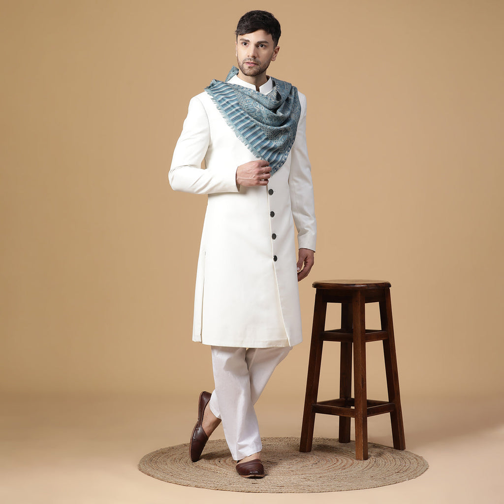 Hussain Sky Blue Wool Metallic Jacquard Muffler
