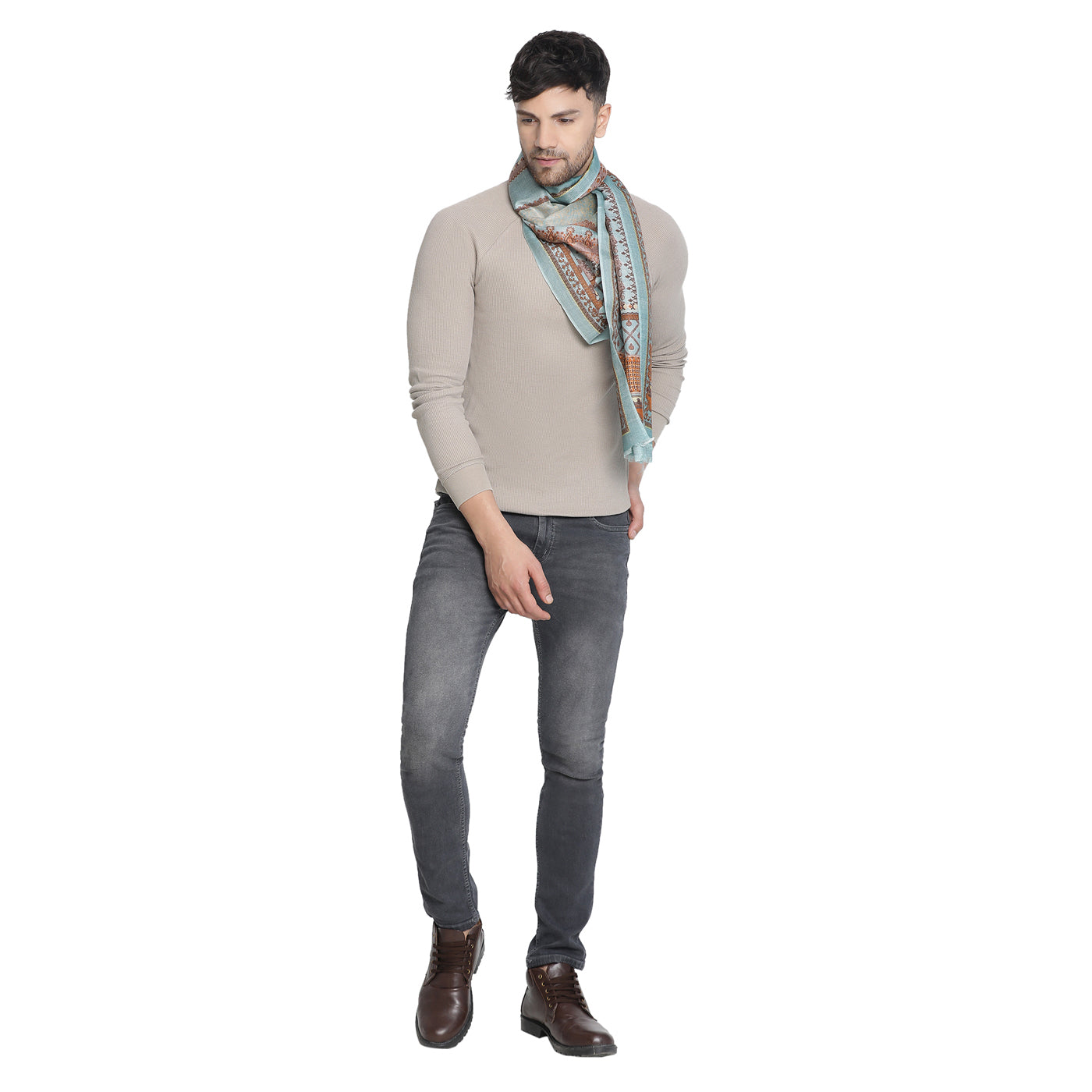 Adeel Sky Blue Wool Silk Printed Muffler