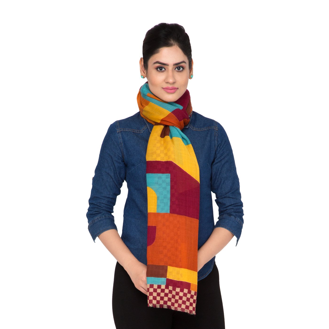 Checker Patch Printed Wool Stole