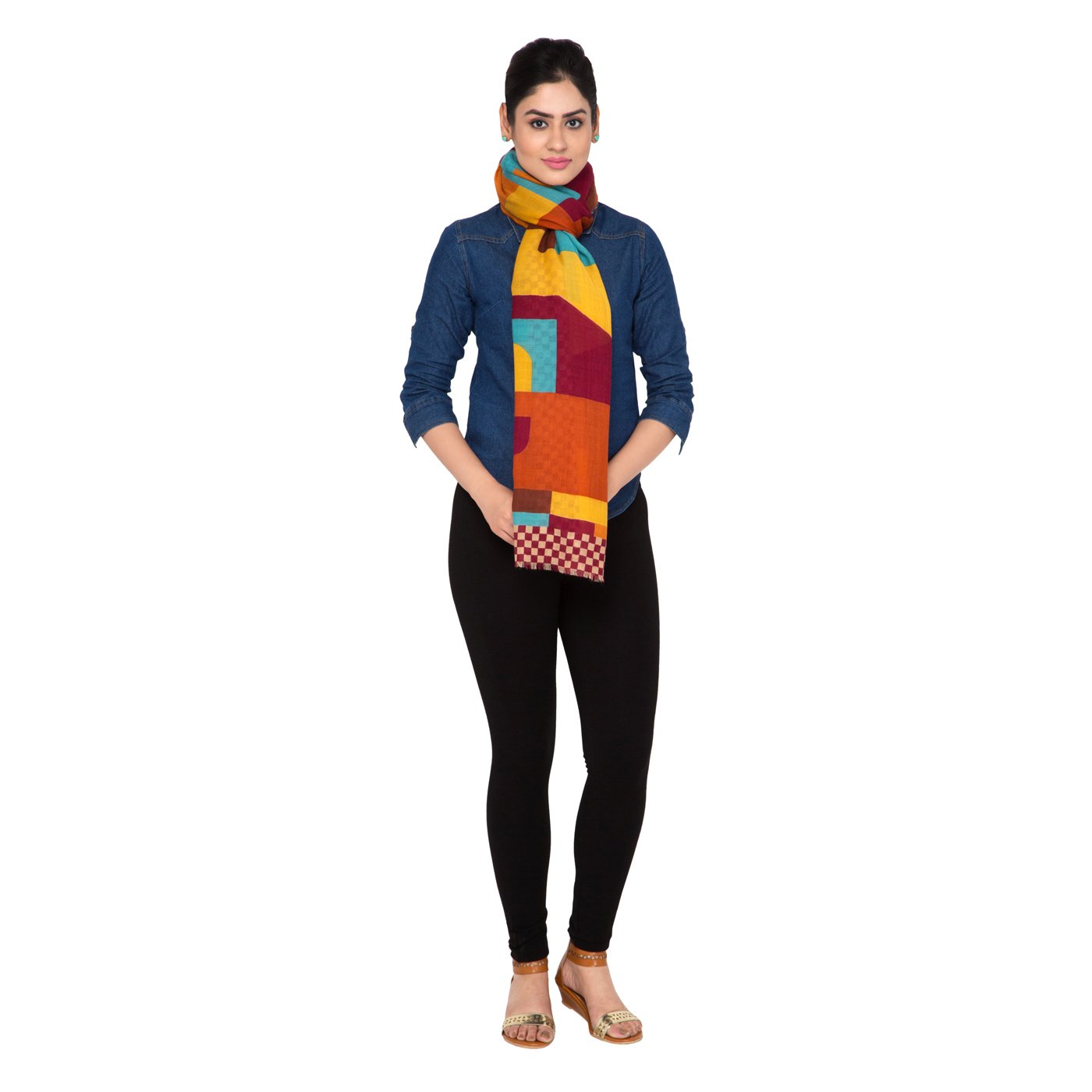 Checker Patch Printed Wool Stole