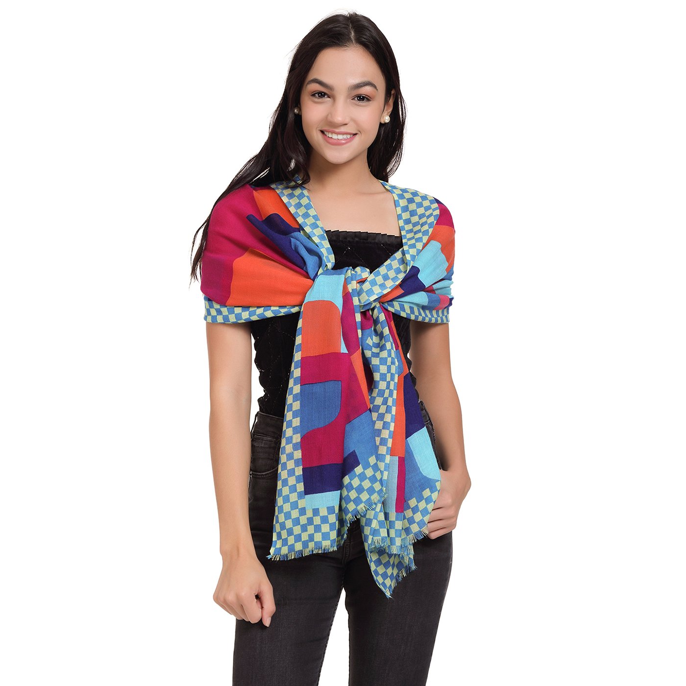 Checker Patch Printed Wool Stole