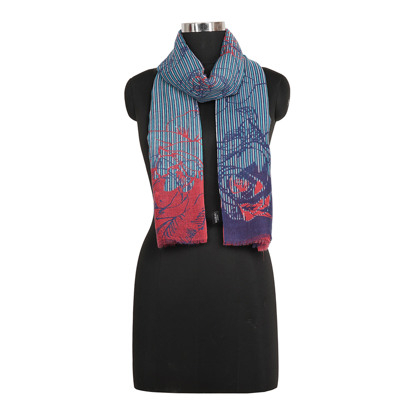 Blue Floral Striped Printed Design Woolen Stole
