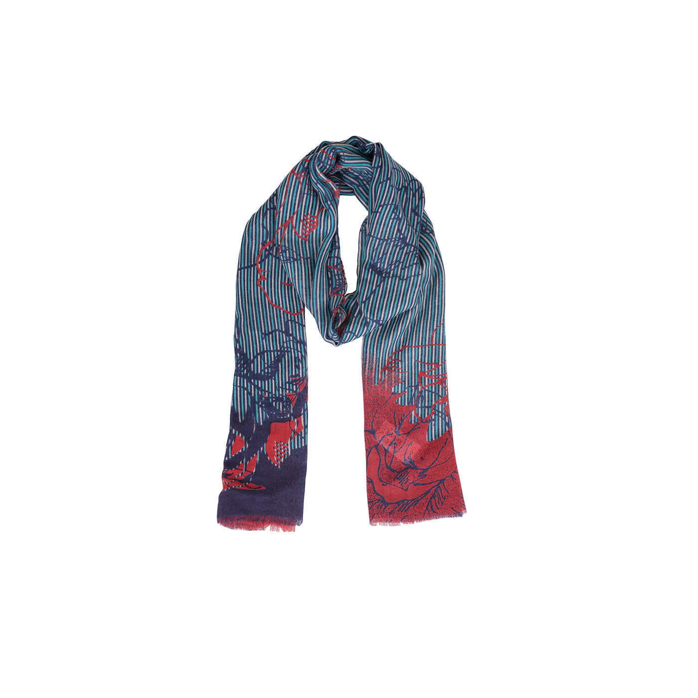 Blue Floral Striped Printed Design Woolen Stole
