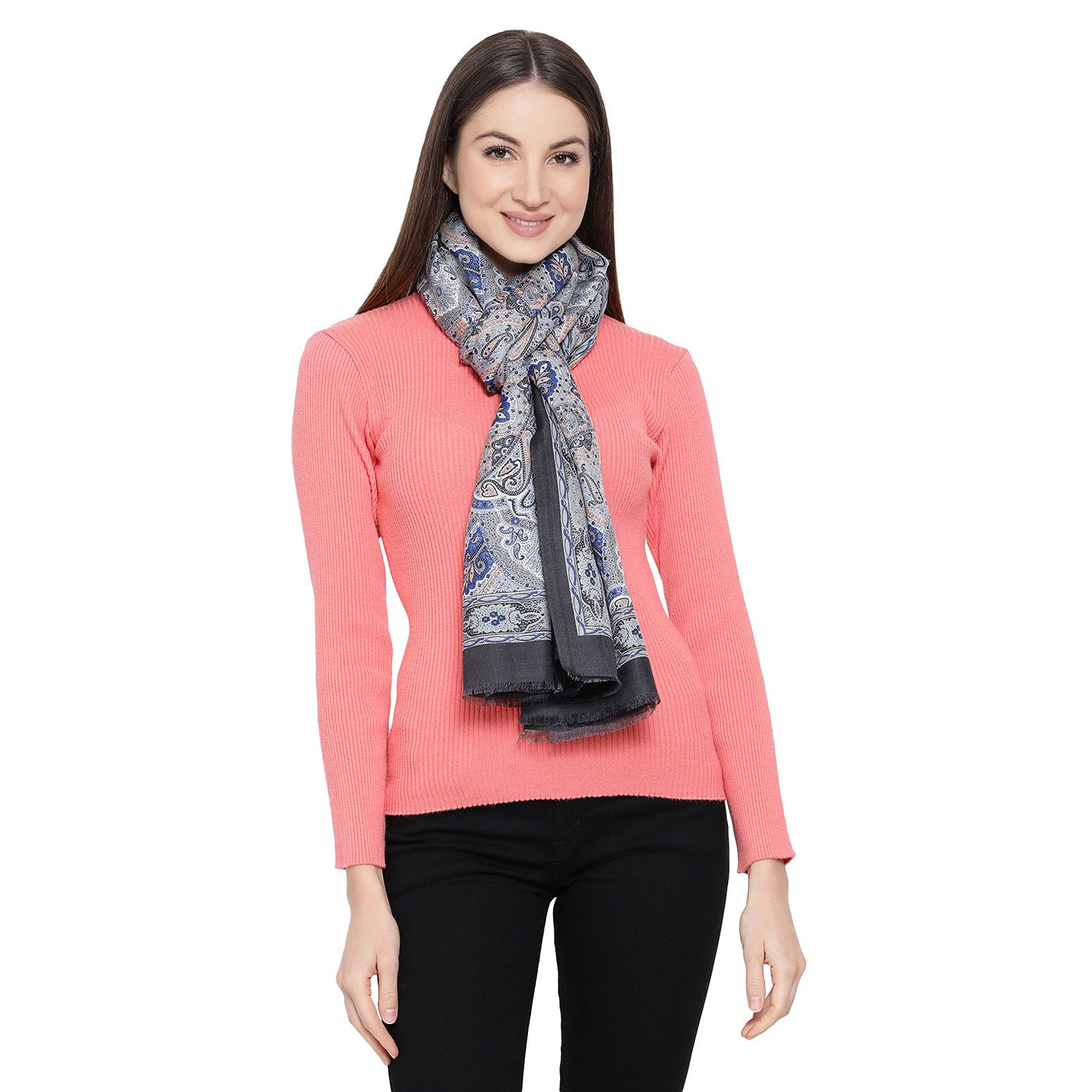 printed grey wool stoles for ladies - Shingora
