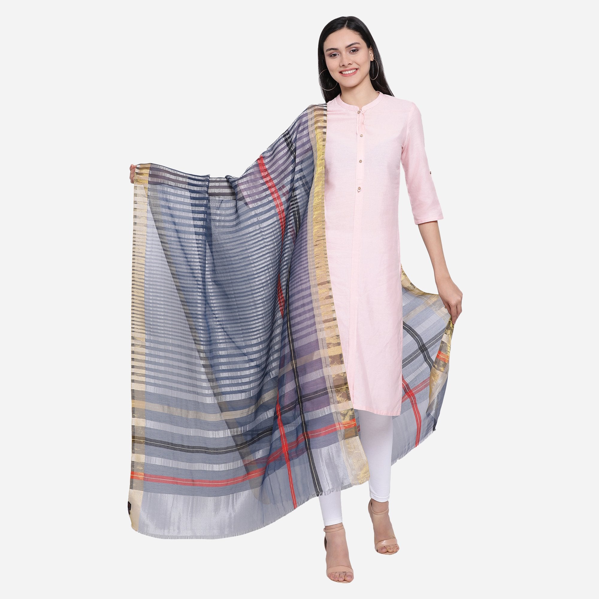 Striped Navy Blue Metallic Silk Dupatta