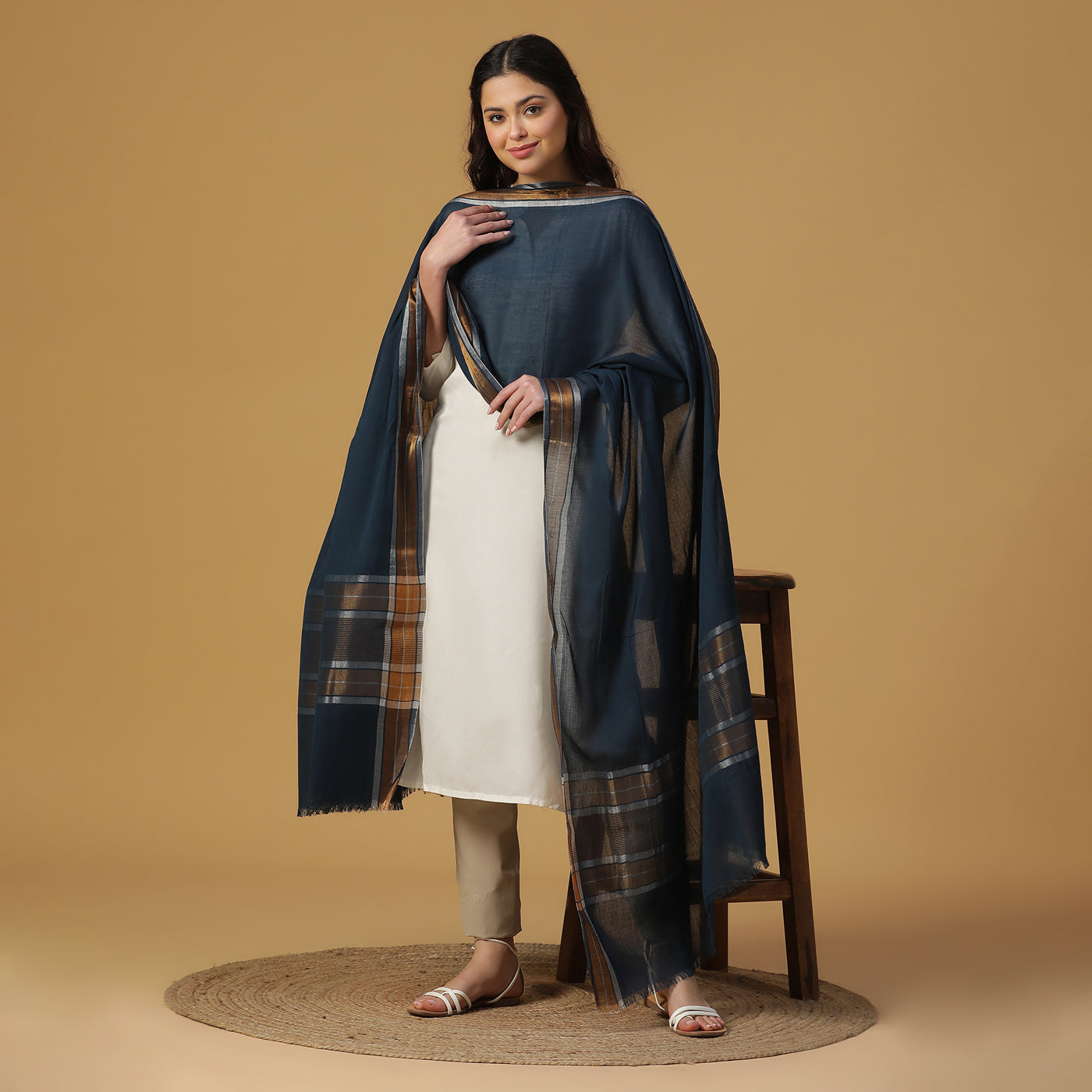 Blue Cotton Tencel Woven Dupatta